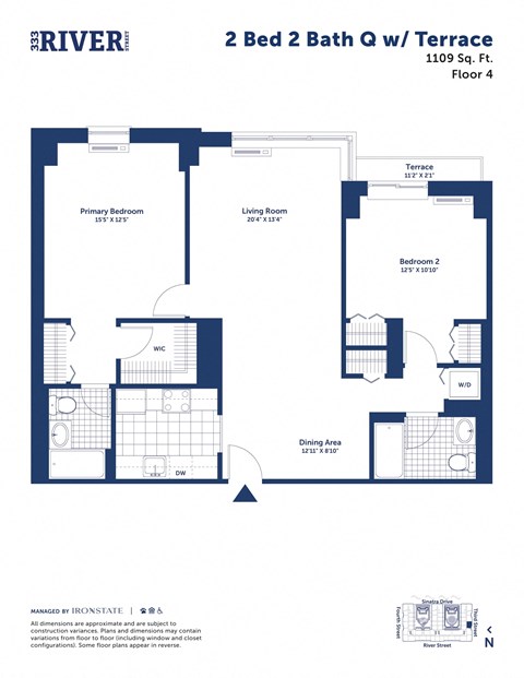 Floor plan for 2 beds, 2 baths, 1109 sqft